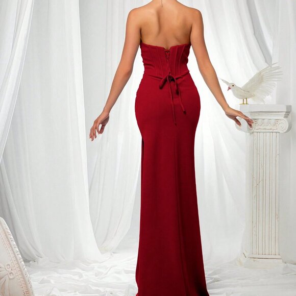 Red Party Women's Elegant Flattering Fitted Strapless Satin maxi Dress - Picture 2 of 6